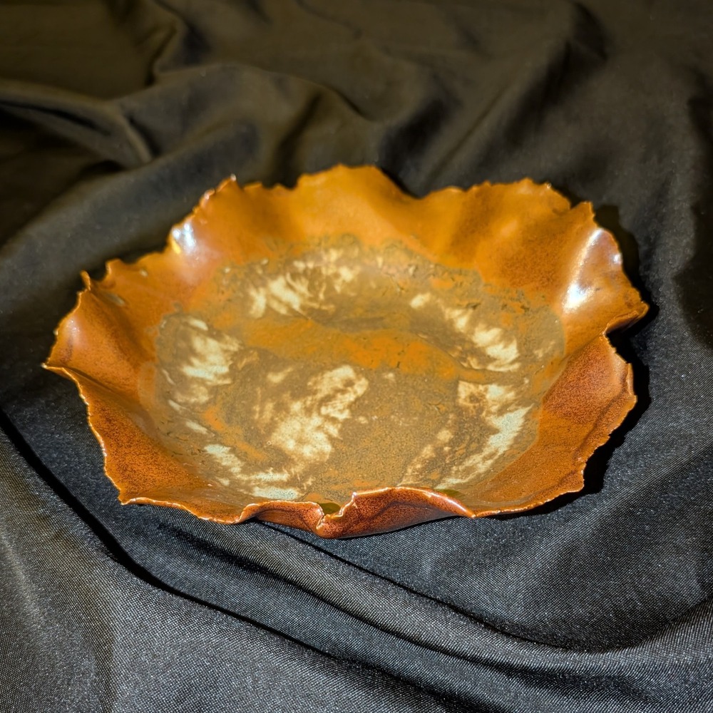 Studio Art Handmade Pottery Bowl Plate Dish Signed‎ Earthy Keys Coins Scalloped